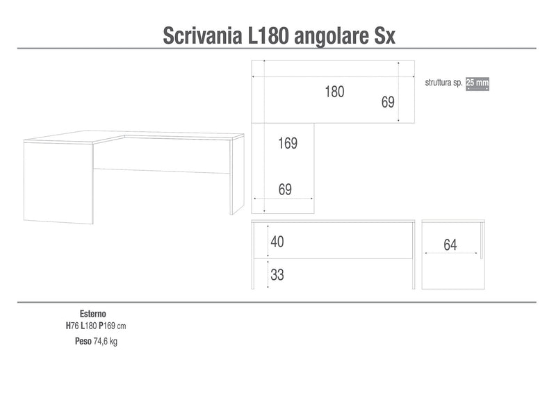 Scrivania Angolare Sx 180x76x169 cm Ossido Bianco