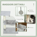 Albero Tiragraffi per Gatti Multilivello con Amaca e Pallina Appesa in Legno e Peluche 50x36x70cm Grigio Chiaro      