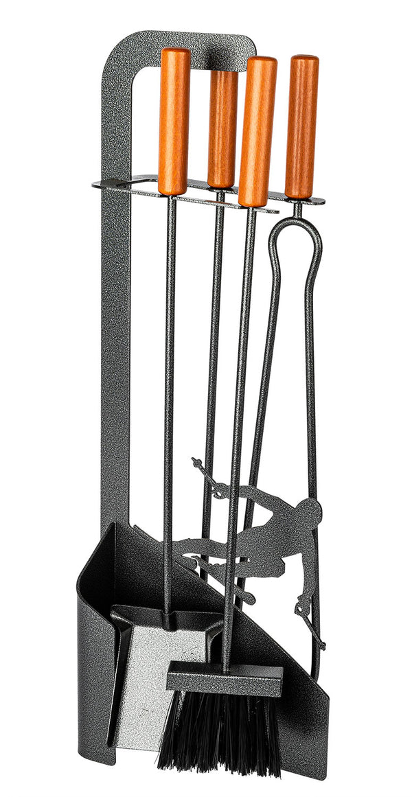 sconto Trespolo per Attrezzi Camino Sagoma Sciatore con Paletta Scopino Attizzino e Pinza 15,6x23,5x65 cm in Ferro e Legno Grigio Martellato