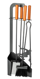 Trespolo per Attrezzi Camino Sagoma Sciatore con Paletta Scopino Attizzino e Pinza 15,6x23,5x65 cm in Ferro e Legno Grigio Martellato