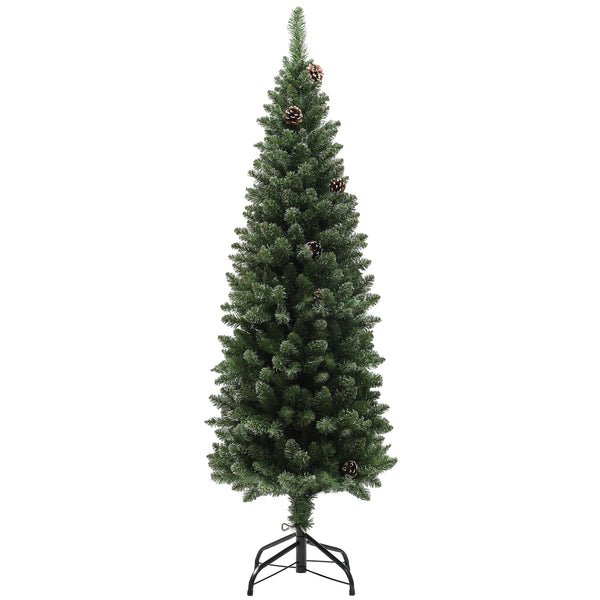 Albero di Natale Innevato Slim 150 cm 395 Rami con Pigne in Plastica e Acciaio Verde sconto