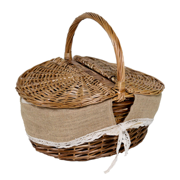 Panier pique-nique Francesca en osier avec doublure en jute ovale 41x32xh19/24/37 cm sconto