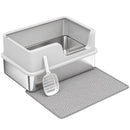Lettiera per Gatti XL Fino a 8 kg 60x40x30 cm con Tappetino Vassoio e Paletta in Acciaio Inox e PP Grigio Chiaro      