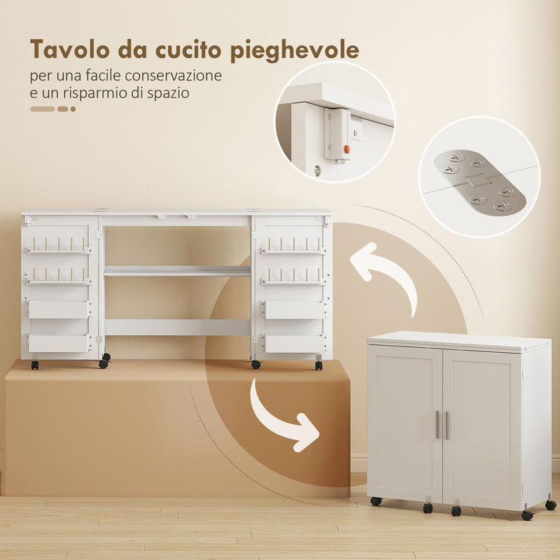 Tavolo da Cucito Pieghevole per Macchina da Cucire con Ripiani 20 Pioli Ruote con Blocco Bianco      