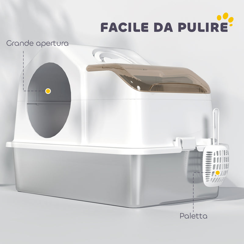 Lettiera per Gatti Chiusa 60,5x40,5x42 cm con 2 Tappetini Base in Acciaio Inox Bianca e Argento  