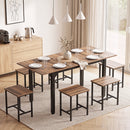 Set Pranzo con Tavolo Allungabile 160x70x78 cm e 6 Sgabelli per 4-6 Persone in Pannello Truciolare e Acciaio Nero e Noce      
