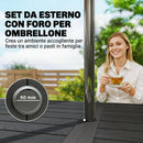 Set da Pranzo da Esterno Tavolo con Foro Ombrellone 150x80x74 cm e 6 Sedie 55x60x83 in Acciaio e PP cm Nero      