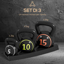 Set Kettlebell Palestra 2,2- 4,5-6,8 kg con Base e Supporto in Plastica Nero      