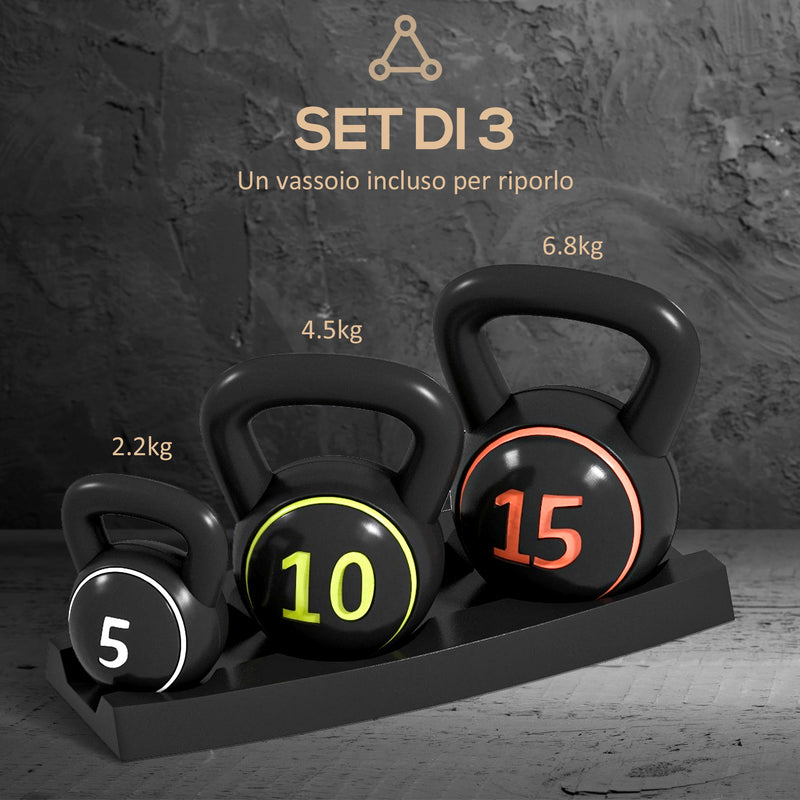 Set Kettlebell Palestra 2,2- 4,5-6,8 kg con Base e Supporto in Plastica Nero      