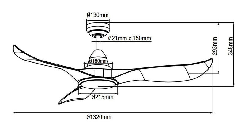 Ventilatore da Soffitto con 3 Pale e LED Ø132 cm 5 Velocità Martec Wave Nero