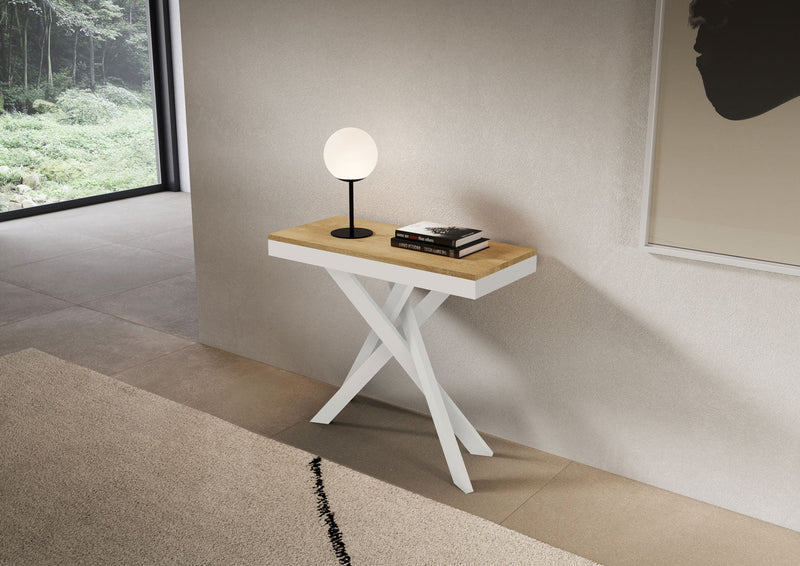 Consolle Allungabile 90-300x40x77 cm Saki Evolution Quercia Natura Gambe Bianche 