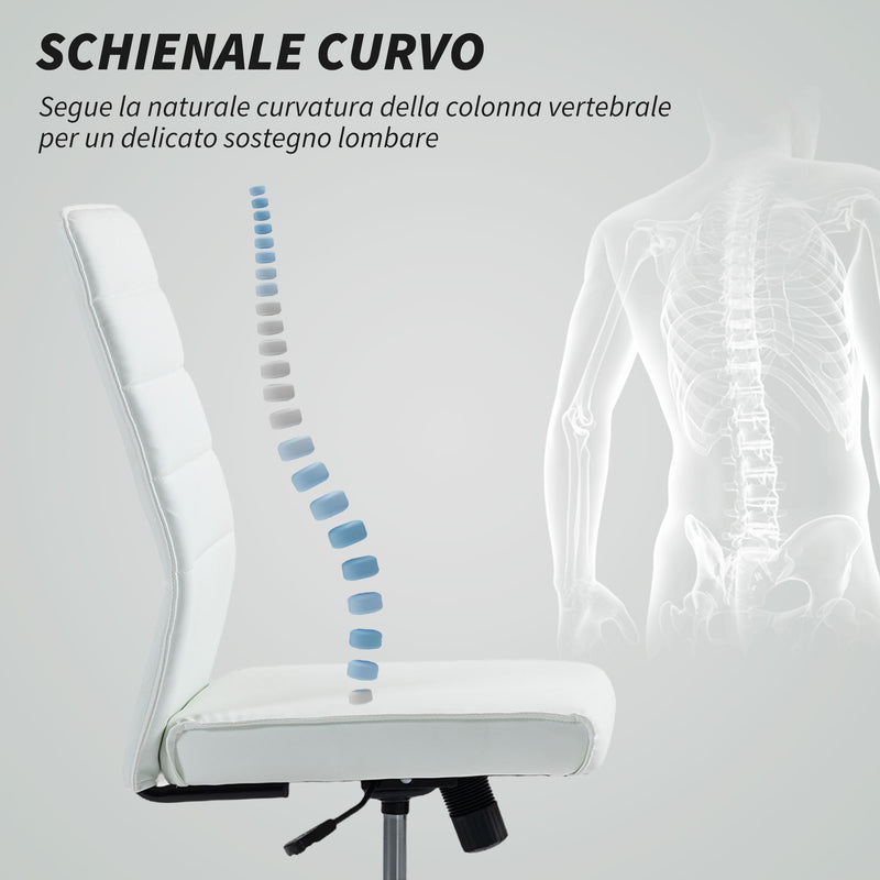 Sedia da Ufficio Ergonomica e Regolabile 58x53x97-107 cm con Schienale Ricurvo in Pelle PU e Acciaio Bianco      