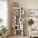 Albero Tiragraffi 60x40x200 cm con Pali in Sisal 2 Cucce 3 Casette e Amaca in Truciolare e Peluche Grigio Chiaro      