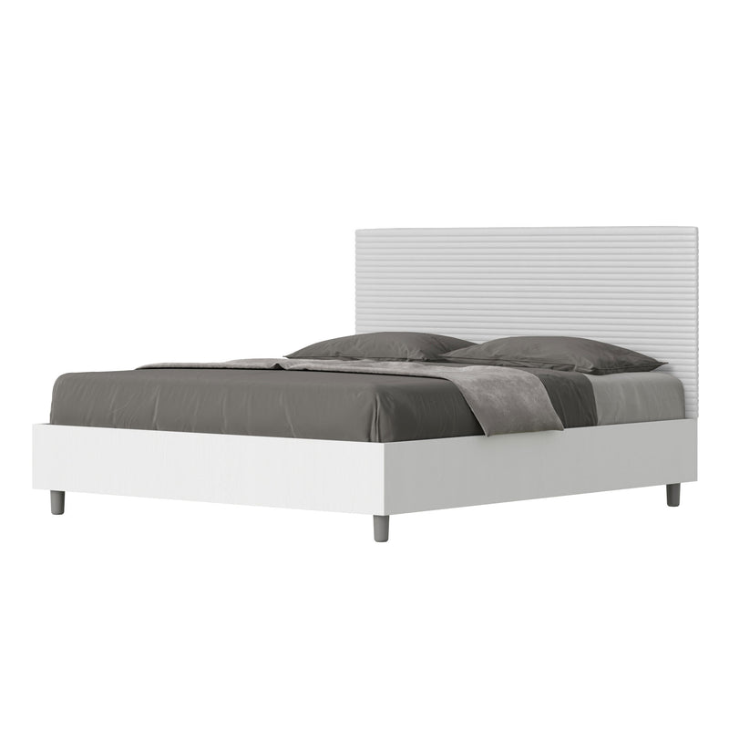 Letto Matrimoniale con Rete e Contenitore Alzata Comoda Struttura Bianco Frassico e Testata in Similpelle Level Bianco Varie Misure