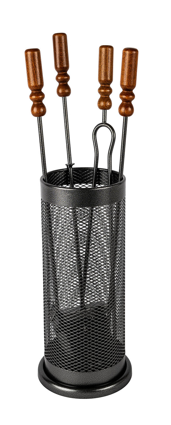 sconto Trespolo per Attrezzi Camino Barilotto a Rete con Paletta Scopino Attizzino e Pinza Ø18x62 cm in Ferro e Legno Grigio Martellato