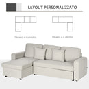 Divano Letto Angolare 225x140x88 cm con Seduta 2 Posti e Penisola Vano Contenitore e 2 Cuscini in Tessuto Crema      