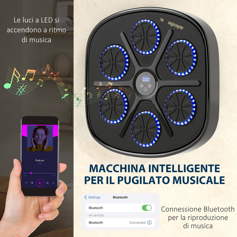Boxing Machine Musicale a Parete 41,8x44,6x7,5 cm con 9 Velocità Bluetooth e Guanti in PU e ABS Nero e Blu  