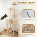 Albero per Gatti 60x50x206A cm con 4 Pali Graffiatoi Cesti Amache per 1-3 Gatti 6 kg in Peluche e Sisal Beige      