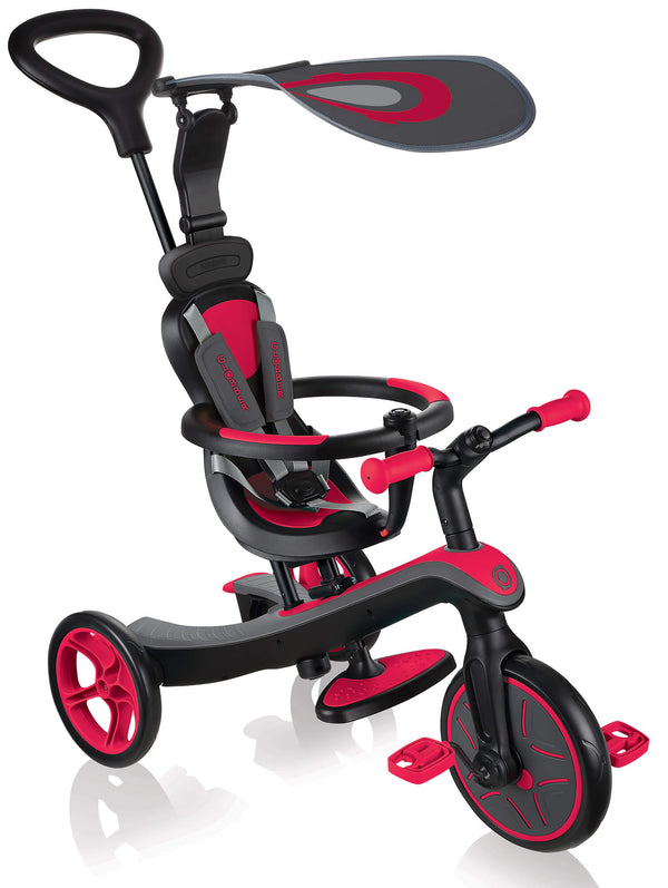 Globber Explorer Trike 4 en 1 Poussette tricycle rouge pour enfants avec poignée et auvent sconto