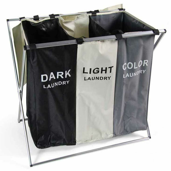 sconto Cesto Biancheria 3 Scomparti Portabiancheria Pieghevole in Alluminio e Tessuto