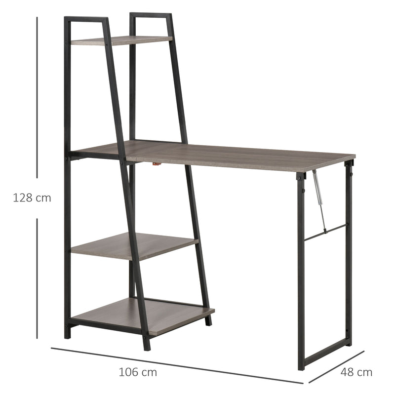 Scrivania Salvaspazio Pieghevole con Libreria 4 Livelli 106x48x128 cm in Legno e Metallo Grigio e Nero 