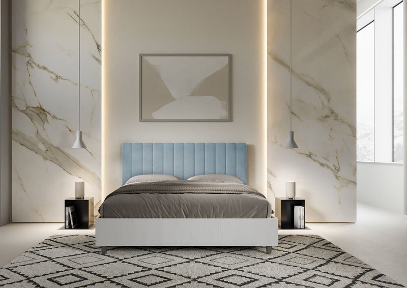 Letto Matrimoniale con Rete e Contenitore Alzata Comoda Struttura Bianco Frassico e Testata in Microfibra Kaia Azzurro Varie Misure