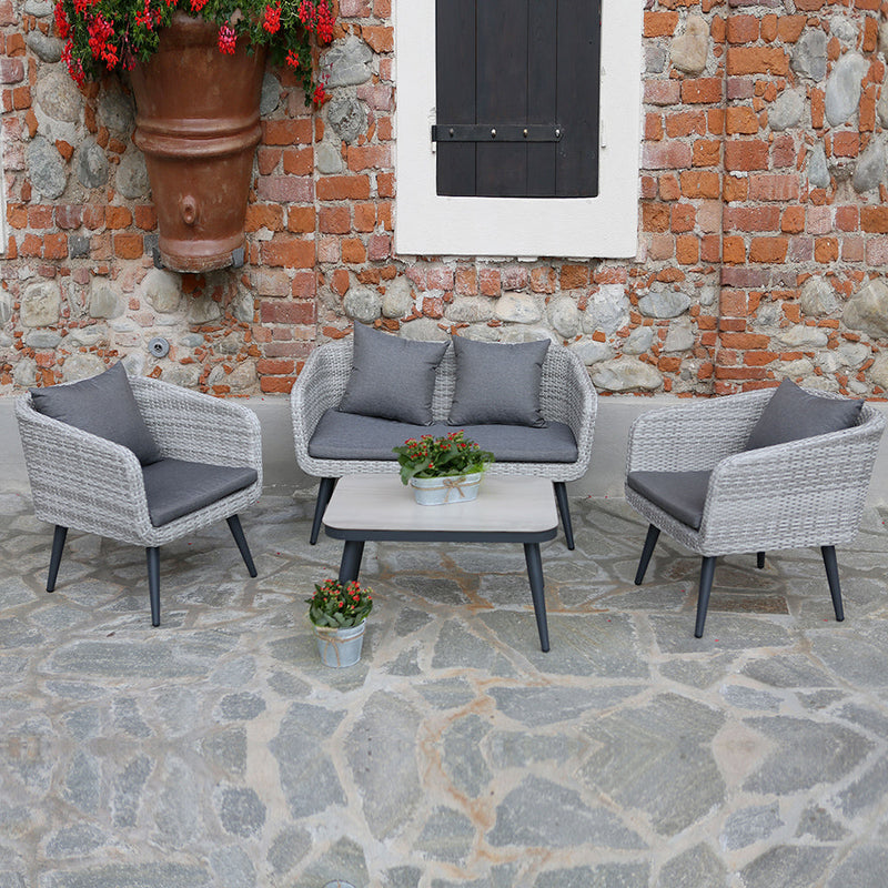 Set da Giardino Divano 2 Poltrone e Tavolino in Polyrattan Salem Grigio