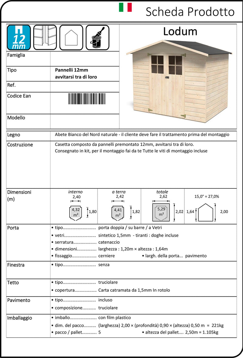 Casetta Box da Giardino per Attrezzi 2,62x2,02m con Pavimento in Legno Abete 12mm Lodum