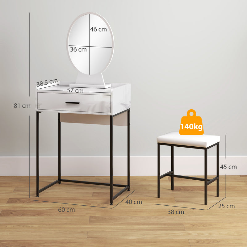 Mobile Toeletta con Specchio con Cassetto e Sgabello Imbottito in MDF Bianco   