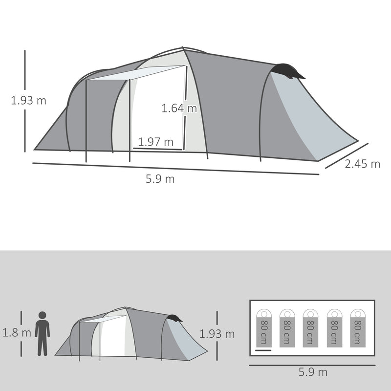 Tenda da Campeggio 4-6 Persone con 2 Camere Impermeabile con Baldacchino 590x245x193 cm  Grigio