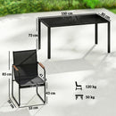 Set 7 Pezzi con Tavolo 150x80x73 cm e 6 Sedie da Giardino con Braccioli in Acciaio e Vetro Nero      