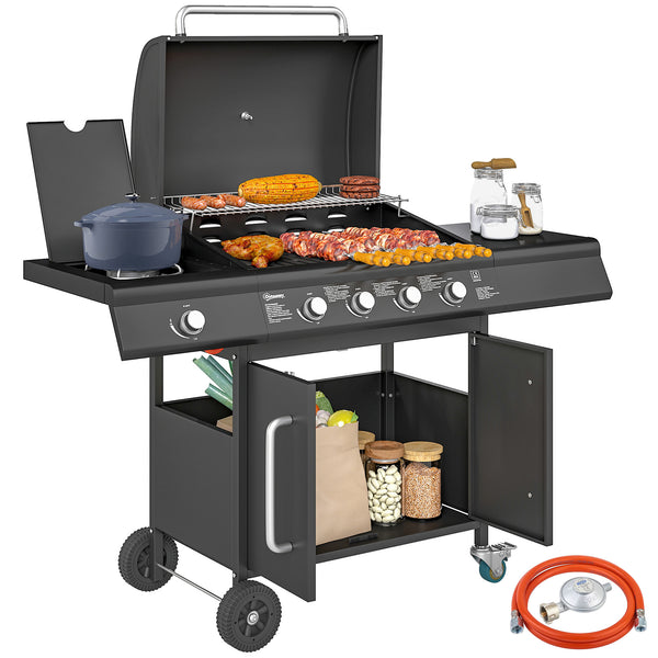 Barbecue a Gas con Fornello Laterale 129,5x56x110 cm Tavolino e Armadietto in Acciaio e PP Nero sconto