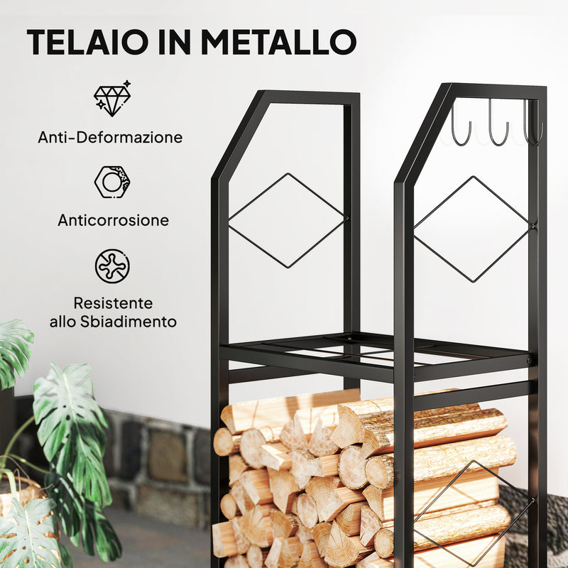 Portalegna da Interno Esterno a 2 Livelli con 3 Ganci 41x30x81cm in Metallo Nero       