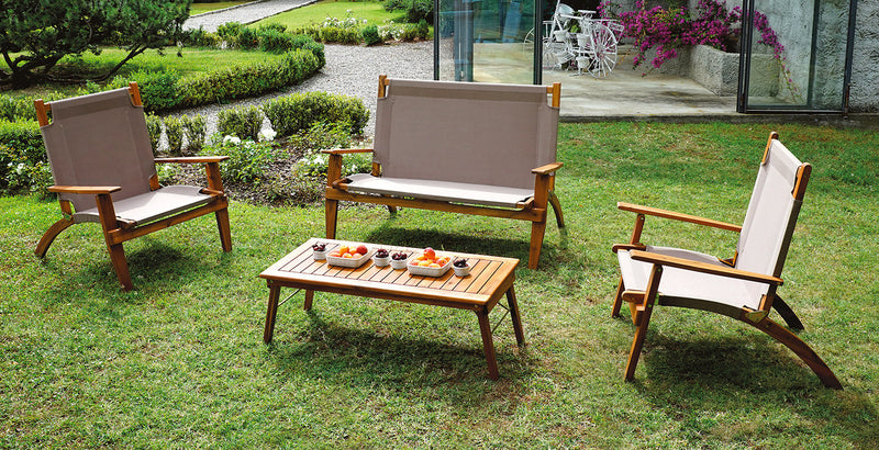 Set da Giardino Divano 2 Poltrone e Tavolino in Legno Vorghini Valladolid Sabbia