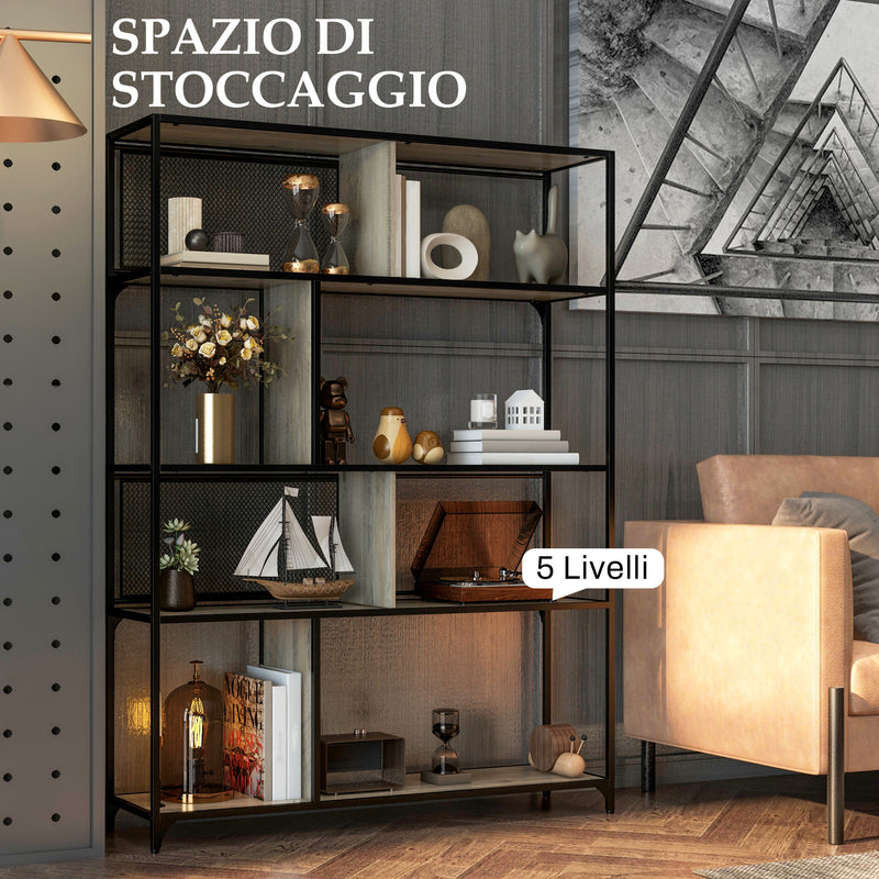 Libreria Design Industriale a 5 Livelli Porta Metallica Scorrevole 120x30x161 cm in Legno e Acciaio Nero e Grigio