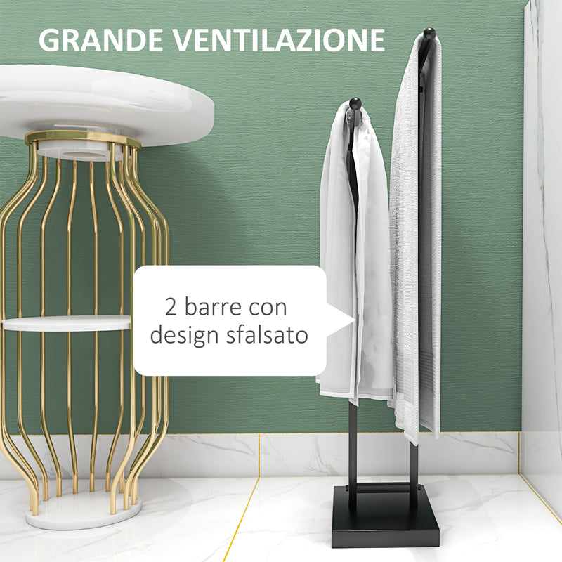 Piantana Portasciugamani da Bagno da Terra Autoportante 2 Bracci in Metallo 50x18,5x85 cm Nero