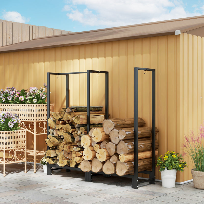 Portalegna per Camino da Esterno a 2 Sezioni 123x32x115 cm con Ganci e Anelli in Acciaio Verniciato Nero