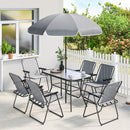 Set 8 Pezzi da Giardino con Ombrellone 6 Sedie Pieghevoli e Tavolo da Esterno in Vetro Temperato Grigio      