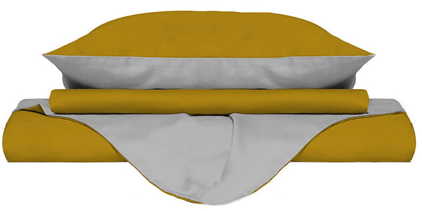 Housse de couette avec sac et taies d'oreiller réversible moutarde/gris clair différentes tailles sconto
