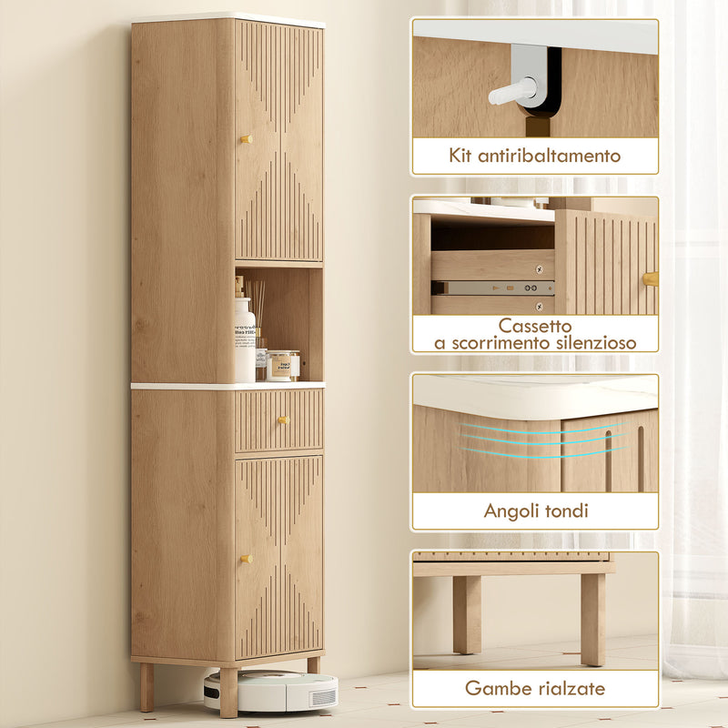 Mobile a Colonna Bagno 41,5x30x168 cm con  Ripiano Effetto Marmo e Ante Decorate in MDF Rovere      