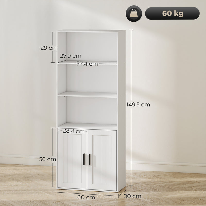 Libreria con Ripiani Aperti e Armadietto 2 Ante 60x30x145.5 cm in MDF Bianco      