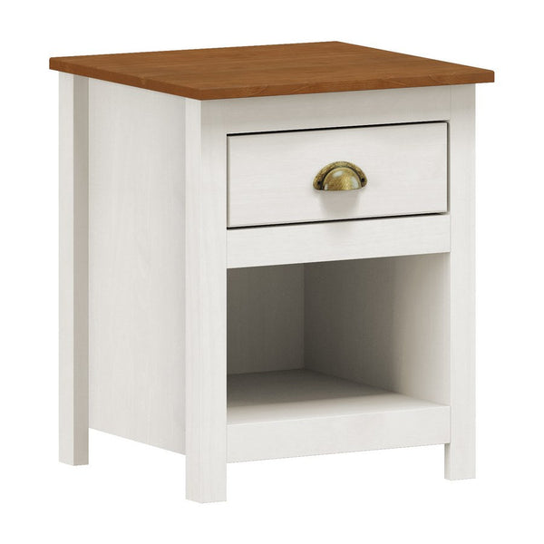 sconto Comodino 1 Cassetto 1 Ripiano 46x40,5x55,5 cm in Legno di Pino Bianco e Noce