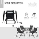Set Tavolo e 4 Sedie da Giardino Pieghevoli in Metallo e Vetro Temperato Nero