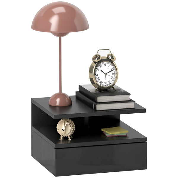Comodino Sospeso 35x32x22,5 cm con Cassetto e Ripiano Aperto in Legno Nero Lucido prezzo