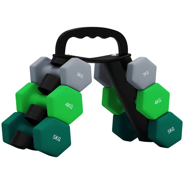 sconto Set 6 Pesi Manubri con Supporto Coppie da 3-4-5 Kg in Metallo Verde e Nero
