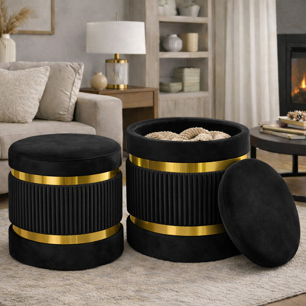 Set 2 Pouf Contenitore Ø 38x44 cm e Ø 31x38 cm con Rivestimento Velluto Nero prezzo