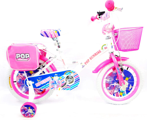 Vélo fille 12" 2 freins avec panier et sacoches latérales blanches et roses sconto