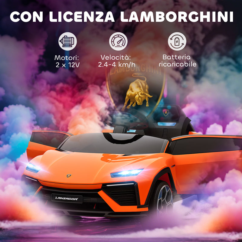 Macchina Elettrica per Bambini 101.5x49x43 cm Licenza Lamborghini 12V con Luci LED Clacson e Telecomando Arancione      