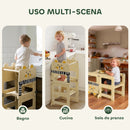 Torre Montessoriana per Bambini 2-5 Anni 3 in 1 Pieghevole 57x39x93 cm con Lavagna Tavolo e Sedia a Forma di Gatto in Compensato      