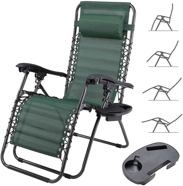 Sedia Sdraio da Giardino Gravita Zero Pieghevole con Vassoio in Acciaio e Tessuto Oxford Verde sconto